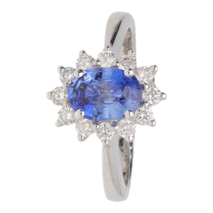 Blue Sapphire and Diamond Oval Platinum Cluster Ring - Michael Jones Jeweller