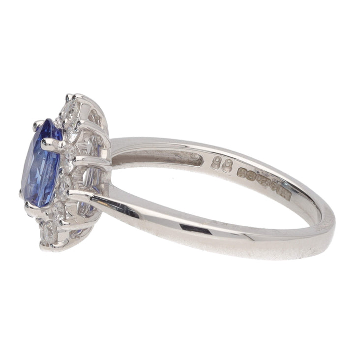 Blue Sapphire and Diamond Oval Platinum Cluster Ring - Michael Jones Jeweller