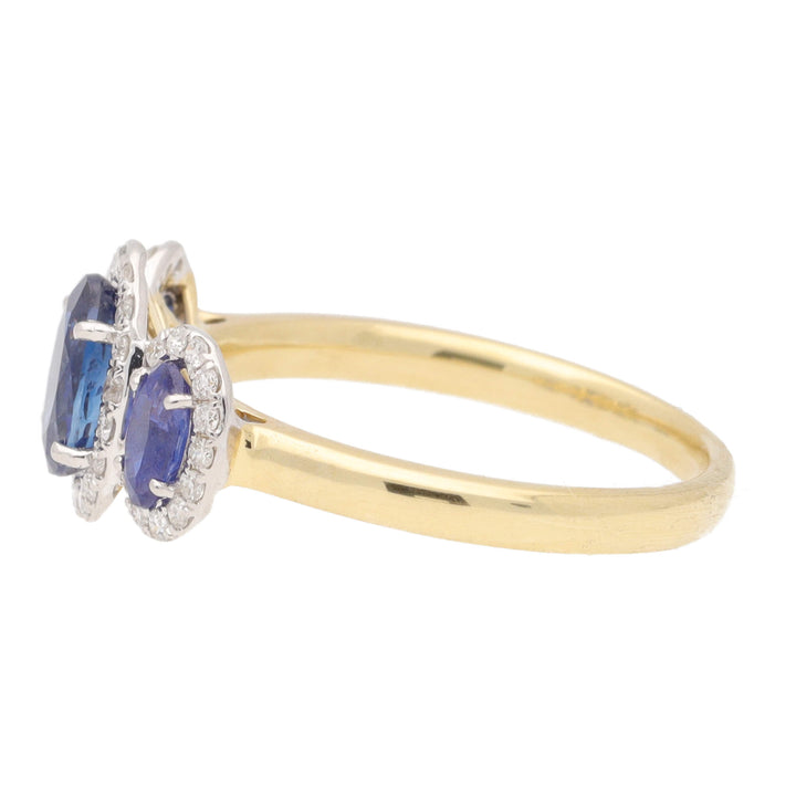 Blue Sapphire and Diamond Oval Three Stone 18ct Yellow Gold Cluster Ring