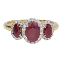 Ruby and Diamond Oval Three Stone 18ct Yellow Gold Cluster Ring - Michael Jones Jeweller