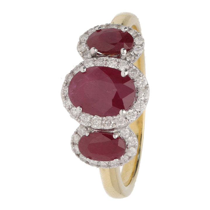 Ruby and Diamond Oval Three Stone 18ct Yellow Gold Cluster Ring - Michael Jones Jeweller