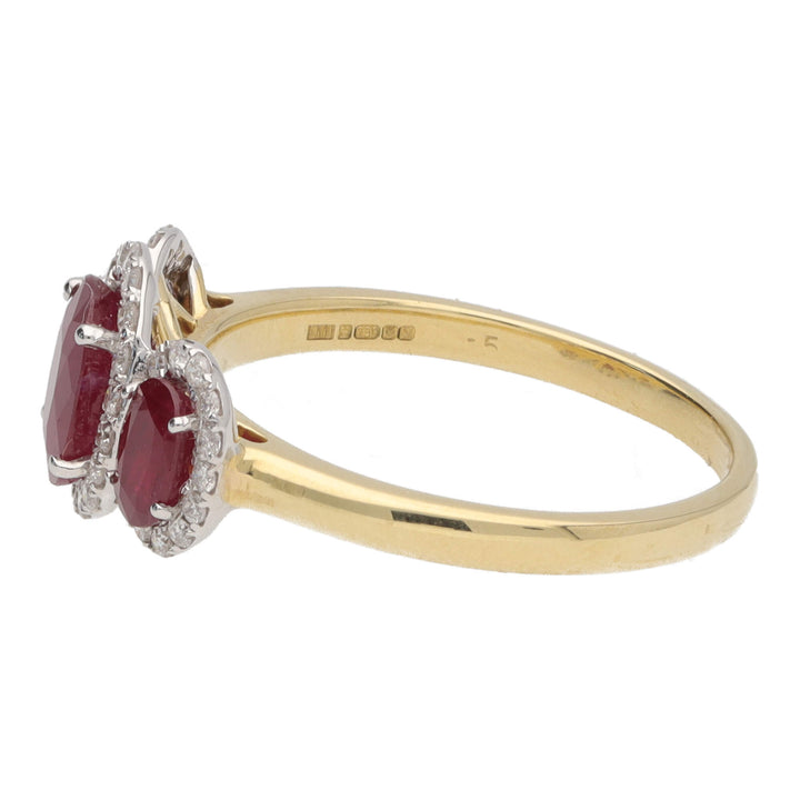 Ruby and Diamond Oval Three Stone 18ct Yellow Gold Cluster Ring - Michael Jones Jeweller