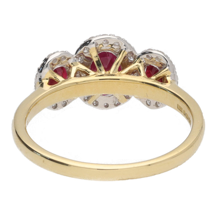 Ruby and Diamond Oval Three Stone 18ct Yellow Gold Cluster Ring - Michael Jones Jeweller