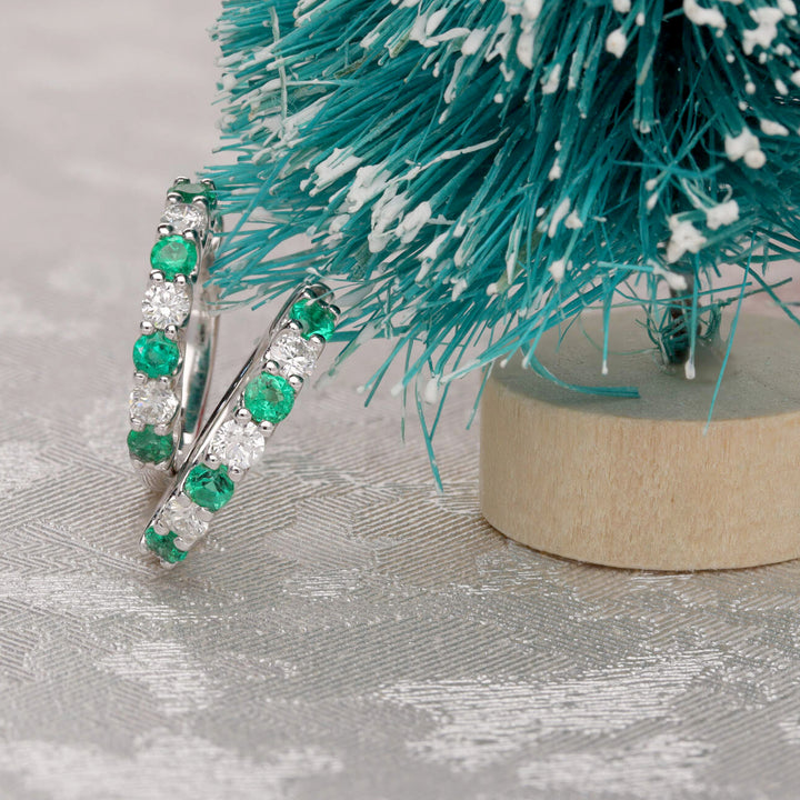 Emerald and Diamond 18ct White Gold Small Hoop Earrings