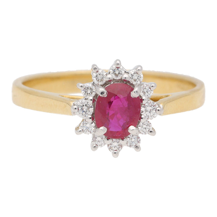 Ruby and Diamond 18ct Yellow Gold Oval Cluster Ring - Michael Jones Jeweller