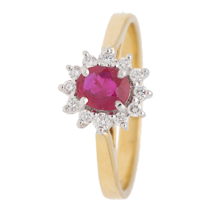 Ruby and Diamond 18ct Yellow Gold Oval Cluster Ring - Michael Jones Jeweller