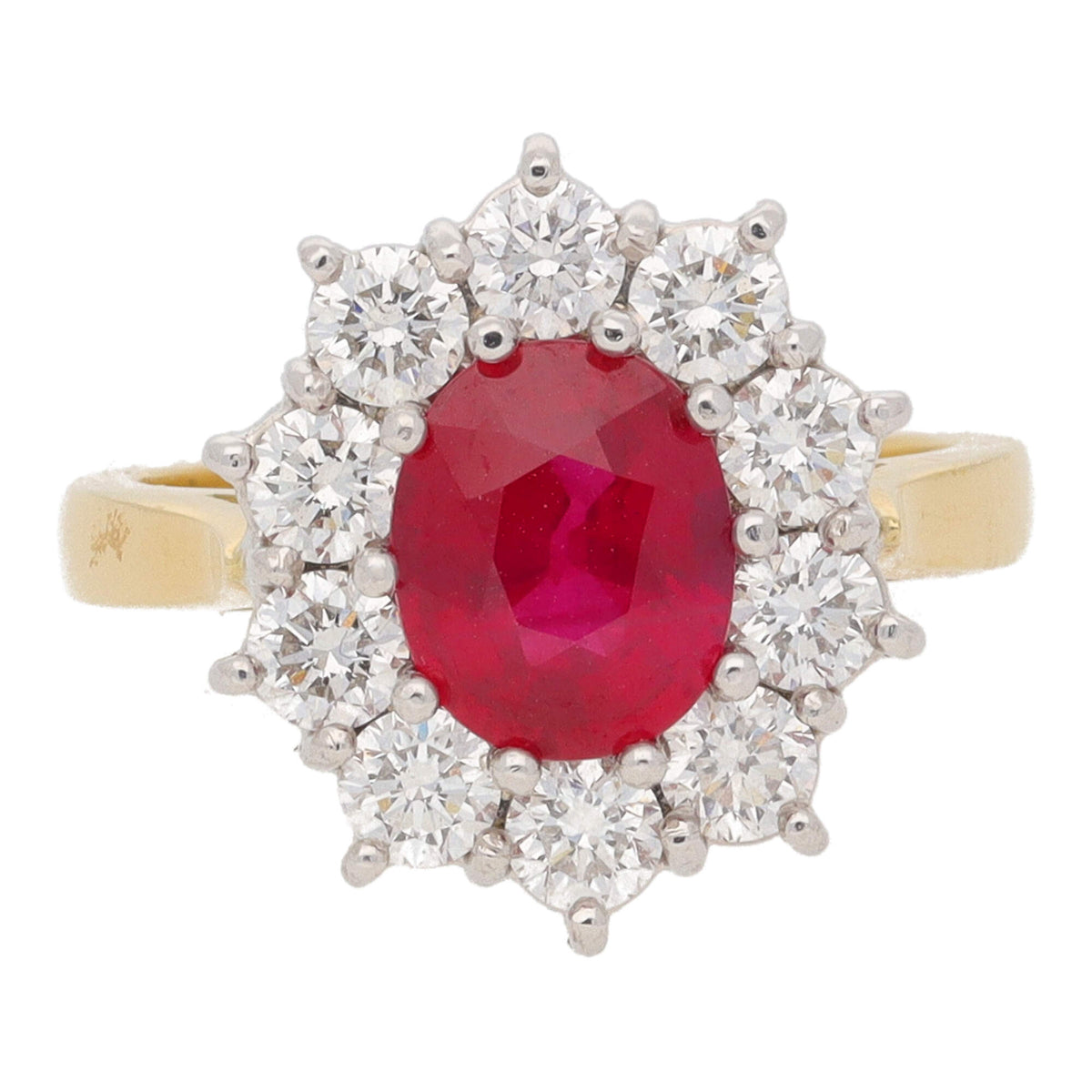 Ruby and Diamond 1.02ct Oval 18ct Yellow Gold Cluster Ring - Michael Jones Jeweller
