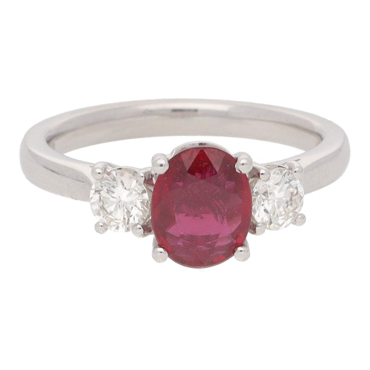 Ruby and Diamond Oval Three Stone 18ct White Gold Ring - Michael Jones Jeweller