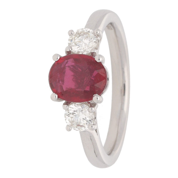Ruby and Diamond Oval Three Stone 18ct White Gold Ring - Michael Jones Jeweller
