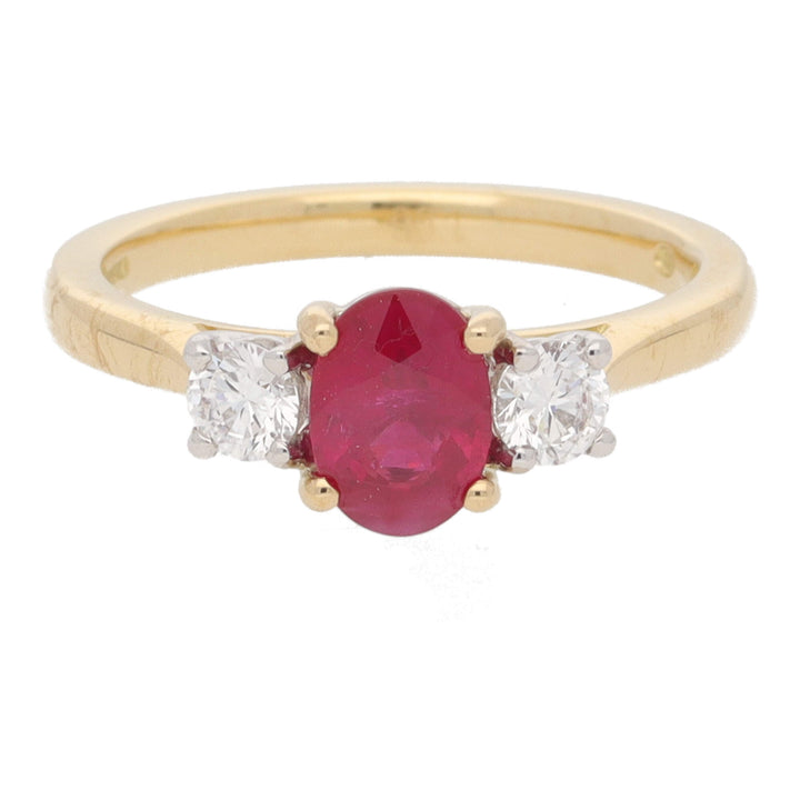 Ruby and Diamond Oval Three Stone 18ct Yellow Gold Ring