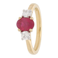 Ruby and Diamond Oval Three Stone 18ct Yellow Gold Ring