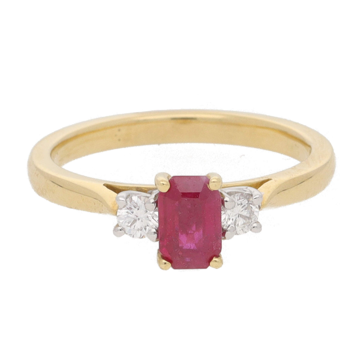 Ruby and Diamond Emerald Cut Three Stone 18ct Yellow Gold Ring - Michael Jones Jeweller