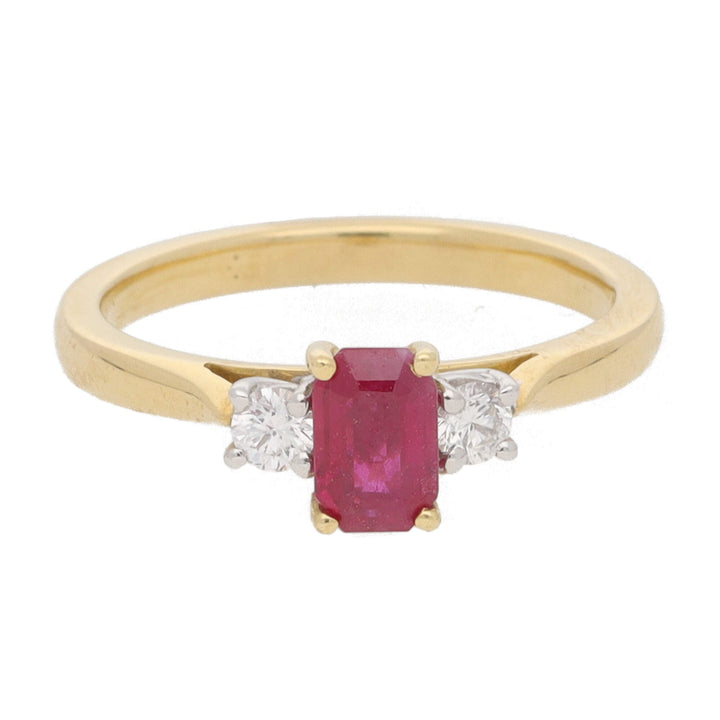 Ruby and Diamond Emerald Cut Three Stone 18ct Yellow Gold Ring