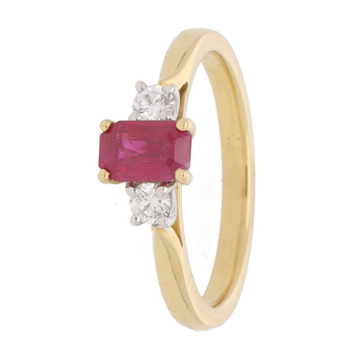 Ruby and Diamond Emerald Cut Three Stone 18ct Yellow Gold Ring - Michael Jones Jeweller
