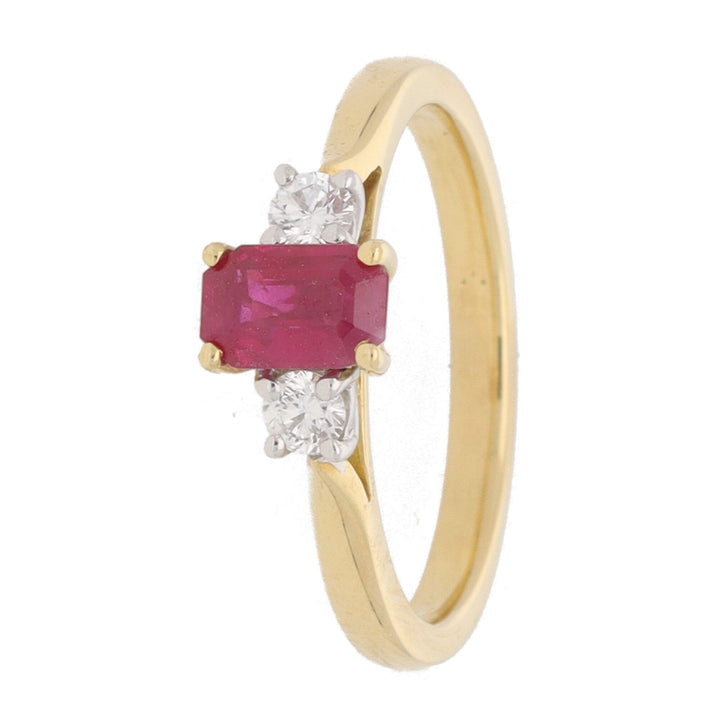 Ruby and Diamond Emerald Cut Three Stone 18ct Yellow Gold Ring - Michael Jones Jeweller