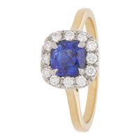 Sapphire and Diamond 18ct Yellow Gold Cushion Cluster Ring - Michael Jones Jeweller