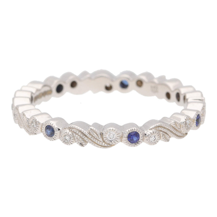 Sapphire and Diamond 18ct White Gold Scroll Design Full Eternity Ring - Michael Jones Jeweller