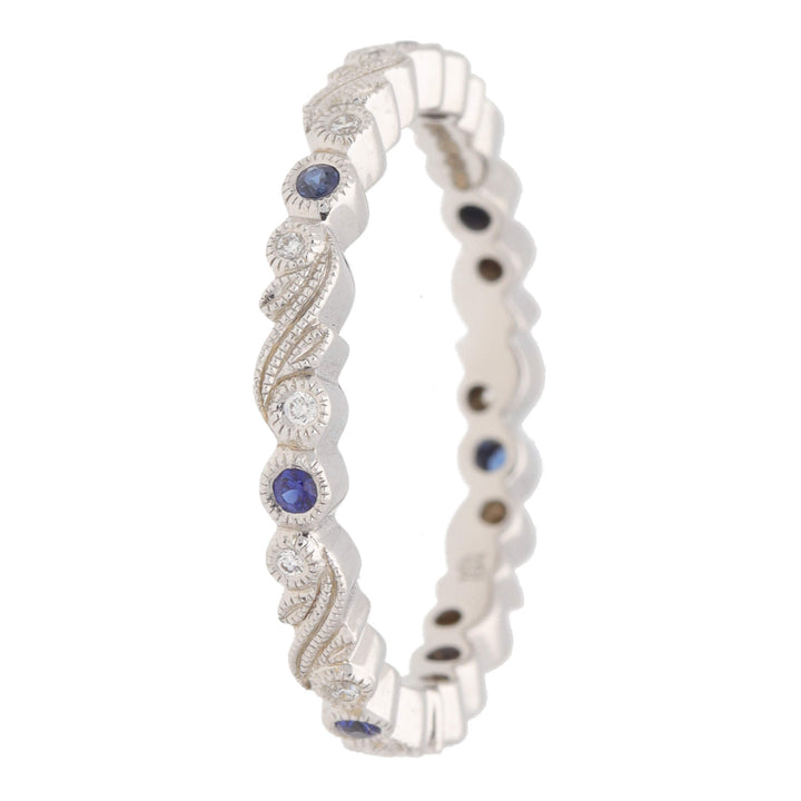 Sapphire and Diamond 18ct White Gold Scroll Design Full Eternity Ring - Michael Jones Jeweller