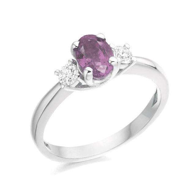 Pink Sapphire and Diamond Three Stone 18ct White Gold Ring - Michael Jones Jeweller