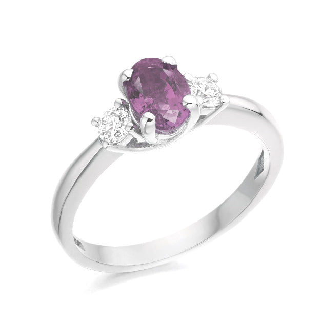 Pink Sapphire and Diamond Three Stone 18ct White Gold Ring