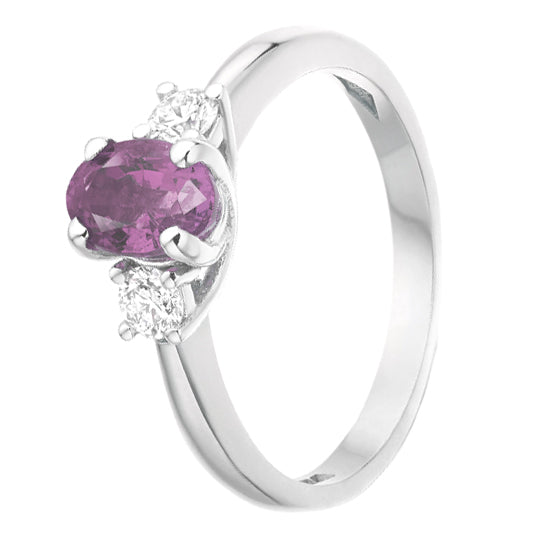 Pink Sapphire and Diamond Three Stone 18ct White Gold Ring - Michael Jones Jeweller
