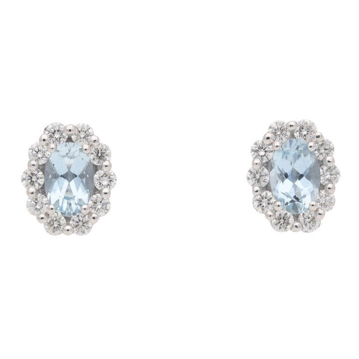 Aquamarine and Diamond 18ct White Gold Oval Cluster Earrings - Michael Jones Jeweller