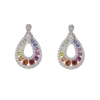 Rainbow Multi-coloured Sapphire and Diamond 18ct White Gold Drop Earrings - Michael Jones Jeweller