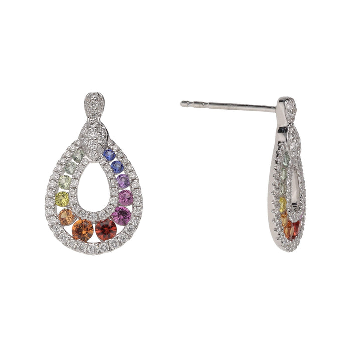 Rainbow Multi-coloured Sapphire and Diamond 18ct White Gold Drop Earrings - Michael Jones Jeweller