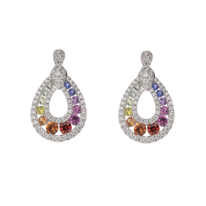 Rainbow Multi-coloured Sapphire and Diamond 18ct White Gold Drop Earrings - Michael Jones Jeweller