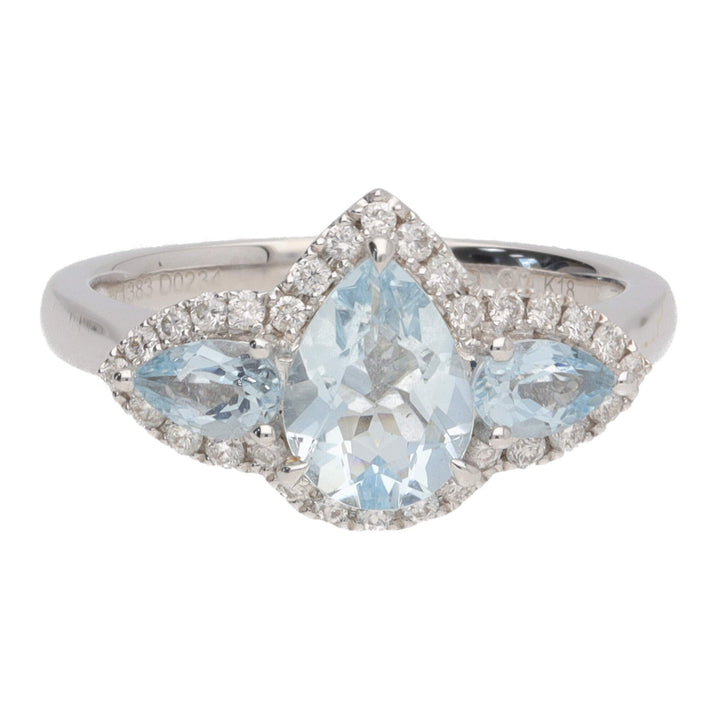 Aquamarine and Diamond Pear 18ct White Gold Three Stone Cluster Ring - Michael Jones Jeweller