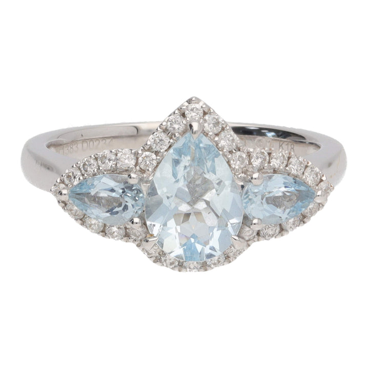 Aquamarine and Diamond Pear 18ct White Gold Three Stone Cluster Ring