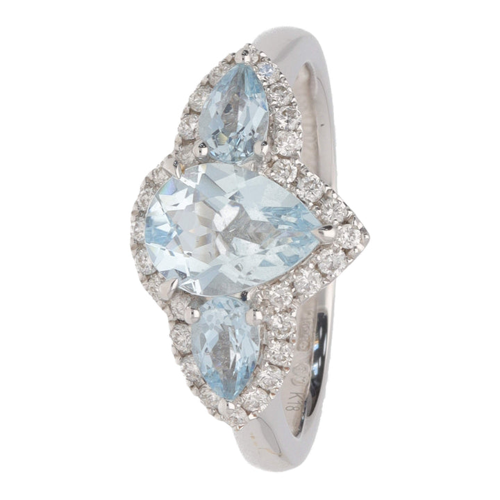 Aquamarine and Diamond Pear 18ct White Gold Three Stone Cluster Ring