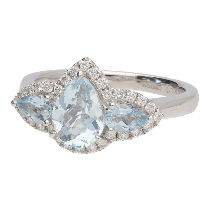 Aquamarine and Diamond Pear 18ct White Gold Three Stone Cluster Ring - Michael Jones Jeweller