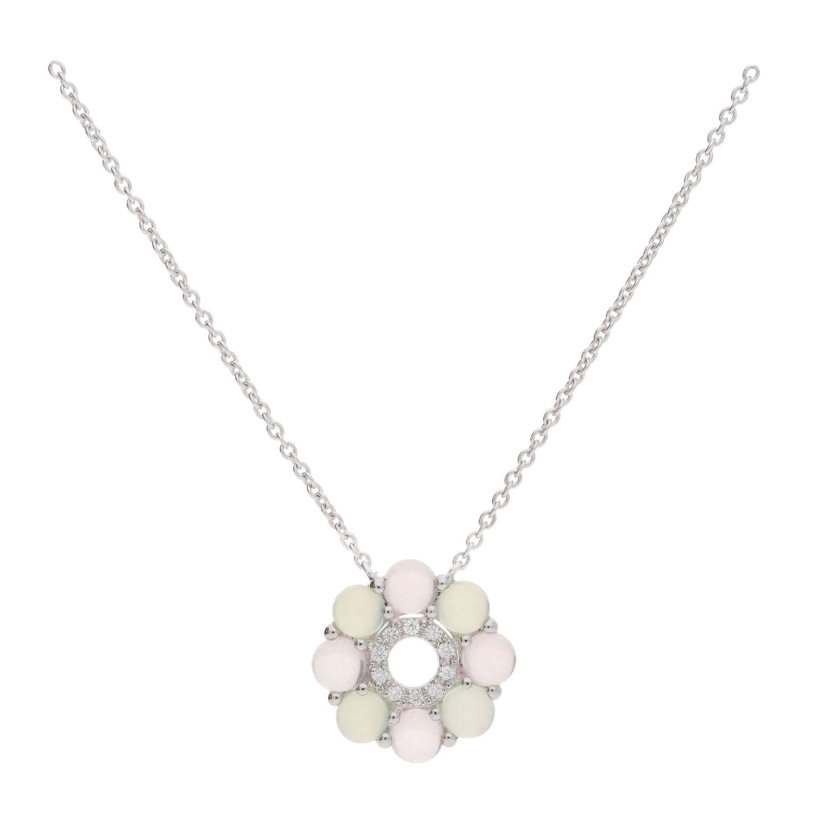 Rose Quartz and Green Chalcedony 18ct White Gold Flower Necklace - Michael Jones Jeweller