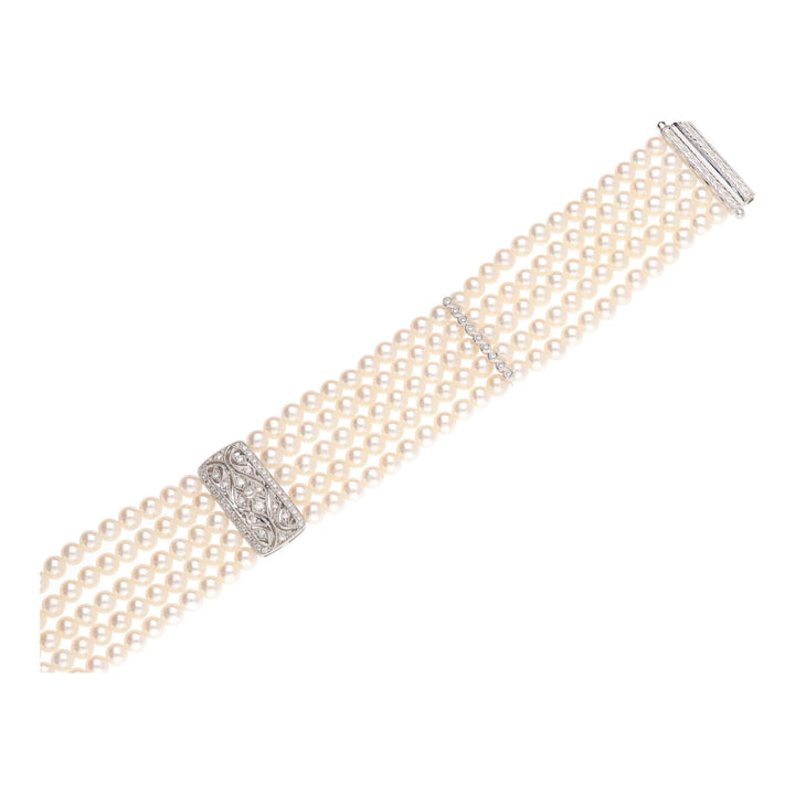 White Cultured Pearl and Diamond Five Row 18ct White Gold Bracelet - Michael Jones Jeweller