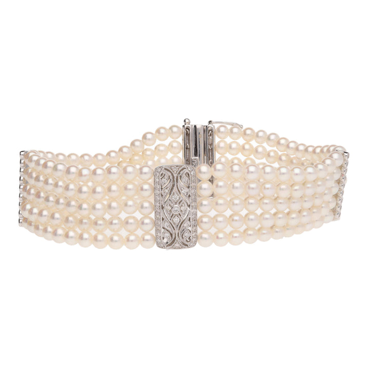 White Cultured Pearl and Diamond Five Row 18ct White Gold Bracelet - Michael Jones Jeweller