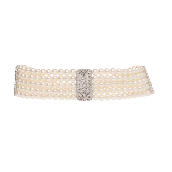 White Cultured Pearl and Diamond Five Row 18ct White Gold Bracelet - Michael Jones Jeweller