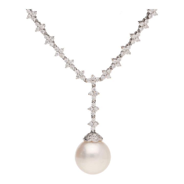 South Sea Pearl and Diamond Cluster 5.15ct 18ct White Gold Necklet - Michael Jones Jeweller