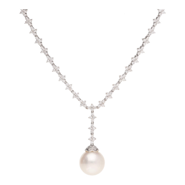 South Sea Pearl and Diamond Cluster 5.15ct 18ct White Gold Necklet - Michael Jones Jeweller