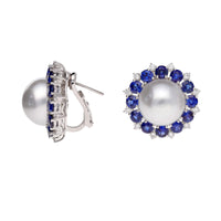 Southsea Pearl Sapphire and Diamond 18ct White Gold Cluster Earrings - Michael Jones Jeweller