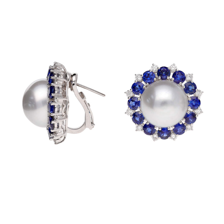 Southsea Pearl Sapphire and Diamond 18ct White Gold Cluster Earrings - Michael Jones Jeweller