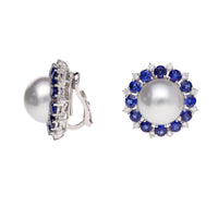 Southsea Pearl Sapphire and Diamond 18ct White Gold Cluster Earrings - Michael Jones Jeweller