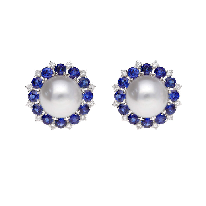 Southsea Pearl Sapphire and Diamond 18ct White Gold Cluster Earrings - Michael Jones Jeweller