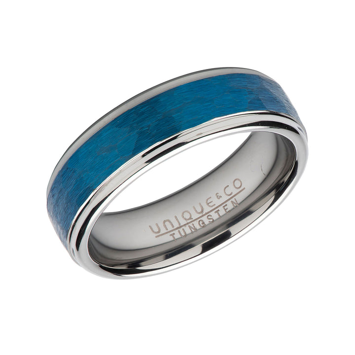 Unique & Co Blue Tungsten Carbide Hammered Ring 7mm - Michael Jones Jeweller
