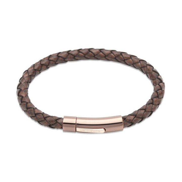 Unique Bracelet. Antique Dark Brown Leather with Rose Gold Plated Steel. 21cm - Michael Jones Jeweller