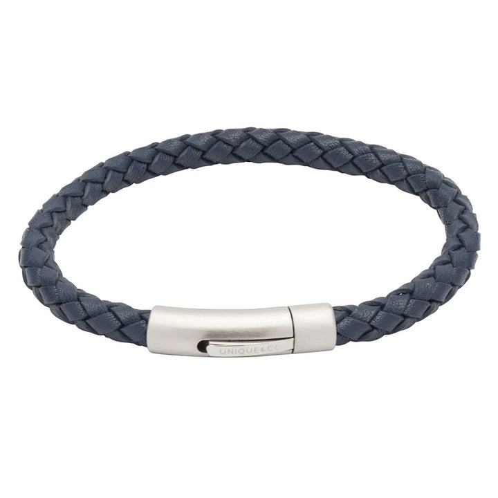 Unique & Co Slim Blue Leather Bracelet with Stainless Steel Clasp 19cm - Michael Jones Jeweller