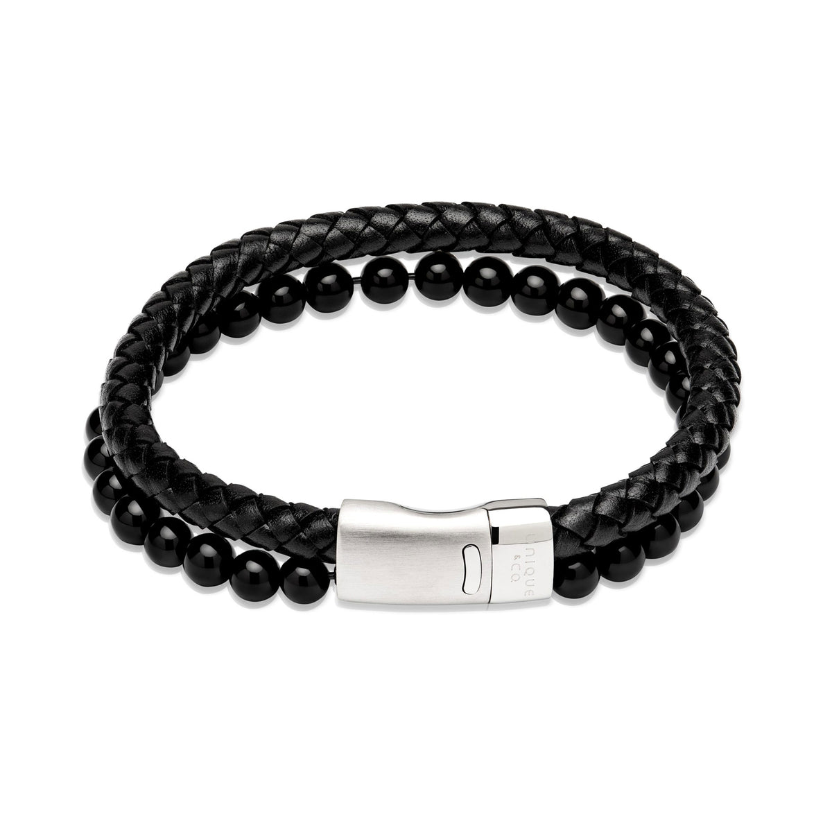 Unique & Co Black Leather and Onyx Beaded Double Bracelet 21cm - Michael Jones Jeweller