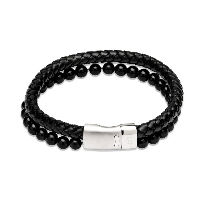 Unique & Co Black Leather and Onyx Beaded Double Bracelet 21cm - Michael Jones Jeweller