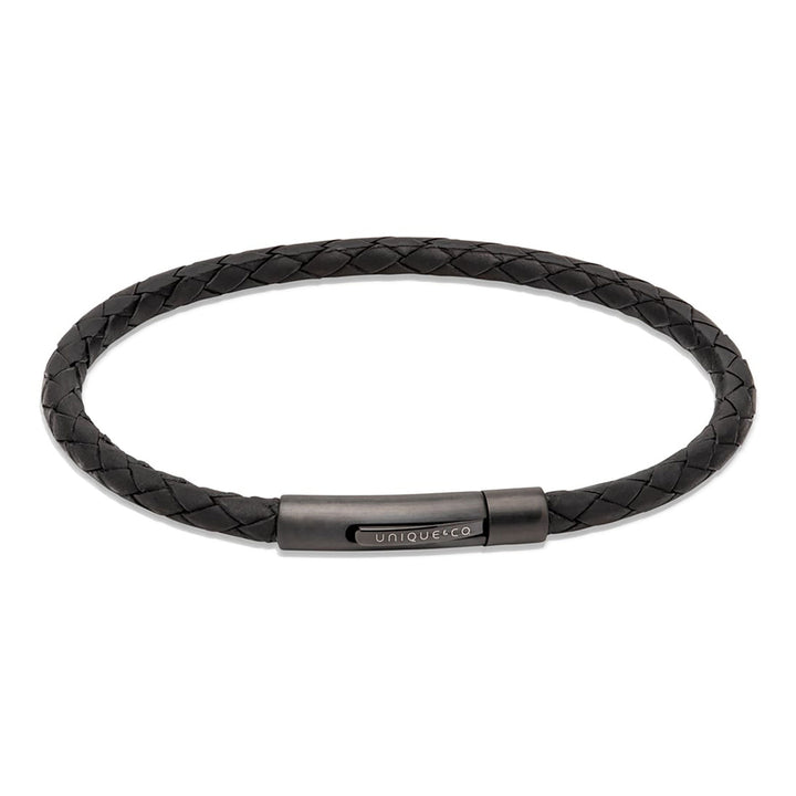 Unique & Co Black Leather Bracelet with Plated Steel Clasp 21cm - Michael Jones Jeweller