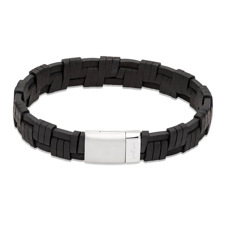 Unique and Co Double Row Black Leather Bracelet With Steel Clasp 21cm - Michael Jones Jeweller